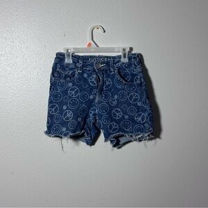 Justice Kids Girl Peace Blue Cut Off Midi Short Denim Shorts Size 16.